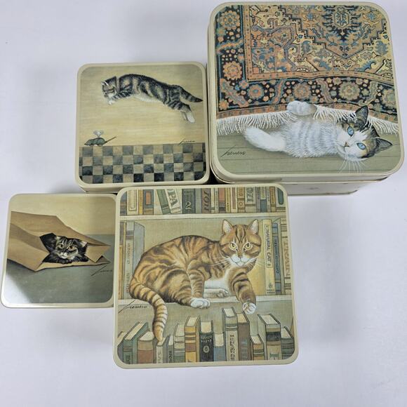Set 4 Vintage 1982 Lowell Herrero Cat-Themed nesting tins made by Vandor Japan - Picture 2 of 14